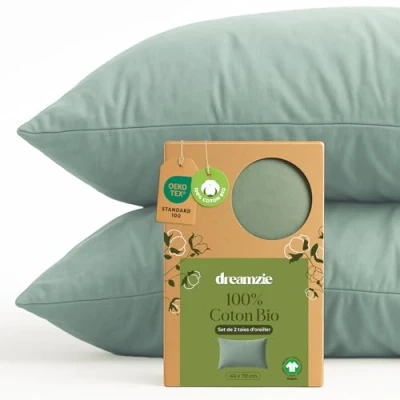 Image de Dreamzie 100% Coton Biologique Taie d&#039;oreiller 40x70 cm Bio Lot de 2 Vert Oreiller Rectangulaire avec Fermeture Éclair Oeko Tex