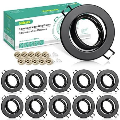 Image de Tailcas Spot Encastrable GU10 Cadre Set, 10 Pièces Noir Mat de Plafond montage incl.Douille 230V, Trou Ø70mm, Orientables 30 Rond, Pour Lampes A LED Ou Halogènes