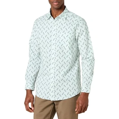 Image de Amazon Essentials Chemise en Popeline Extensible À Manches Longues Et Coupe Standard Homme, Bleu Clair Imprimé Oiseau, XS