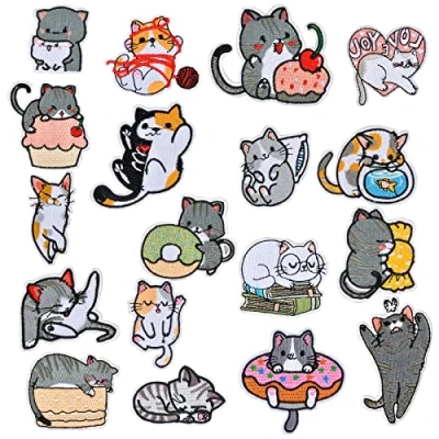 Image de Ecusson Thermocollant Patch, 18 Pièces Chat Ecusson, Patches à Repasser, Broderie Patch Thermocollant, Enfant, Kit Patchs de Réparation pour Vêtements, Vestes, Sacs Dos, Jeans