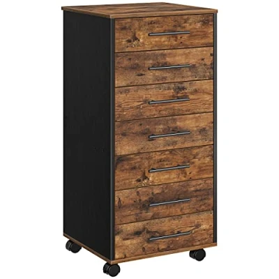 Image de HOOBRO Armoire de classement à roulettes avec 7 tiroirs, en Bois, Commode Rangement, Style Industriel, Facile Monter, Marron Rustique et Noir EBF07WJ01