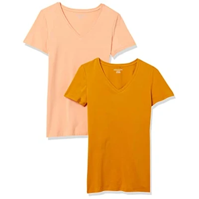 Image de Amazon Essentials T Shirt Col en v à Manches Courtes Coupe Classique Femme, Lot de 2, Orange Corail/Jaune Doré, L