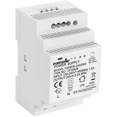 Image de Poppstar Alimentation pour rail DIN Sortie 24 V DC 2,5 A 60 W (Entrée 100 240 AC 50/60 Hz) Bloc d&#039;Alimentation/transformateur 52,5 * 90 58mm, blanc