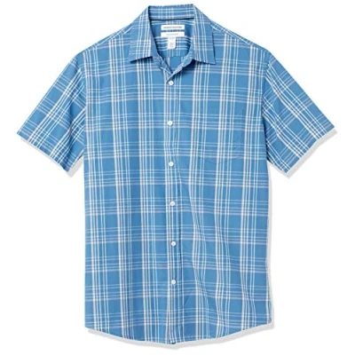 Image de Amazon Essentials Chemise en Popeline à Manches Courtes Coupe Régulière Homme, Bleu des Mers du Sud À Carreaux, M