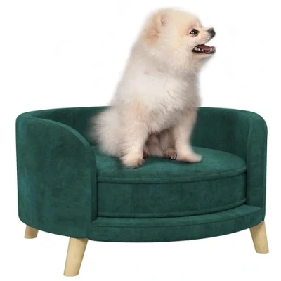 Image de PawHut Canapé pour chien avec aspect velours chat coussin Design surélevé Fauteuil pieds en bois Vert 68 x 35 cm