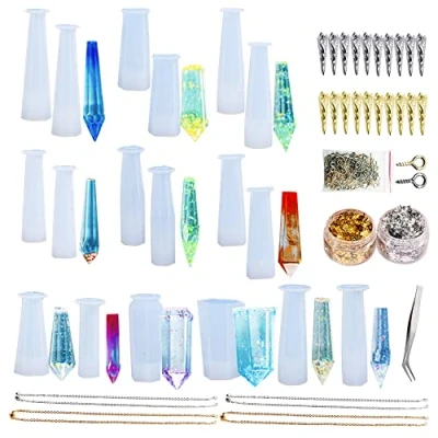 Image de Woohome 46 PCS Silicone Moules Bijoux Résine en Forme, 18 Moule Différente Pendentif Moule, Porte Bijoux, Flocons de Feuille D&#039;or, Chaîne pour Bricolage, Pendentifs, Colliers