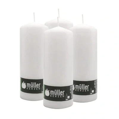 Image de Müller Kerzen Bougies à colonne cylindriques 200 x 78 mm Longue durée : environ 80 heures Cire anti goutte sans odeur Qualité RAL blanc 4 pièces