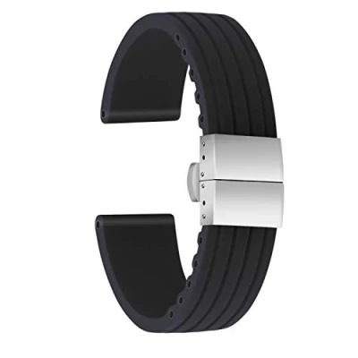 Image de ULLCHRO Bracelet Montre Haute Qualité Remplacer Silicone Stripe Pattern 16mm, 18mm, 20mm, 22mm, 24mm Caoutchouc avec Boucle Déployante Acier Inoxydable (18mm, Noir)