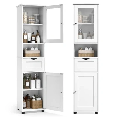 Image de VASAGLE Meuble Salle de Bain, Colonne, Rangement avec Étagères Réglables, Placards à Porte, Tiroir, Compartiment, Gain Place, Blanc Nuage BBK163W01