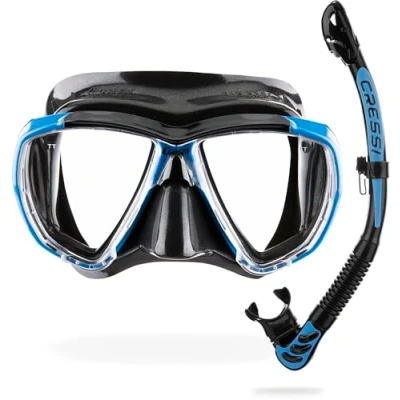 Image de CRESSI Combo Big Eyes+Alpha U.D. Black/Azure Masque Unisexe Visibilité Extraordinaire Eyes et Tuba Sec Alpha Idéal pour la Plongée Snorkeling, Noir/Azure, Taille Unique