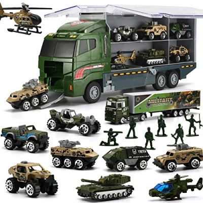 Image de 26 en 1 Camion Militaire avec Ensemble de Soldats, Mini Véhicule Moulé sous Pression dans un Porteur, Jouet l&#039;Armée Transport à Double Face pour Enfant Garçon Fille