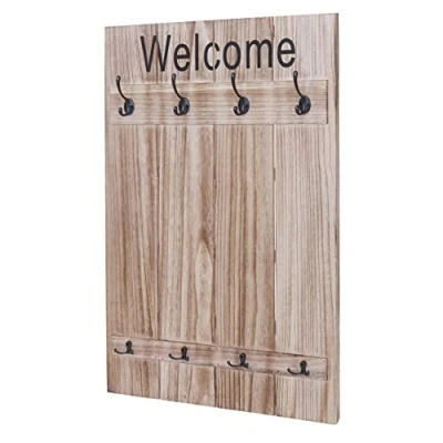 Image de Décoshop26 Porte Manteau Mural Welcome Panneau avec 8 Crochets 91x60cm Marron Vieilli 04_0001002