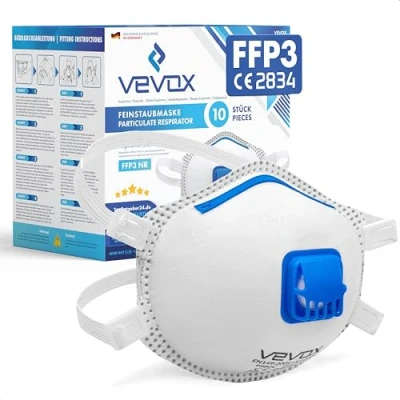 Image de VEVOX® Masques de protection respiratoire FFP3 Lot 10 avec étanchéité Confort plus Masque anti poussière valve Pour la fiable
