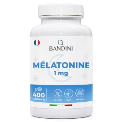 Image de Bandini® Mélatonine 400 Comprimés, pure 1mg Sommeil Rapide et Repos Complément Alimentaire de Melatonine Fortement Dosé Endormissement, Pour Dormir Décalage Horaire, Jet Lag Facile à Avaler