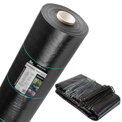 Image de GARDENIX Toile anti mauvaises herbes avec 50 ancres 80 m² (1,6 m x m) Perméable à l&#039;eau 135 g/m² Noire Résistant aux UV Tissu de sol