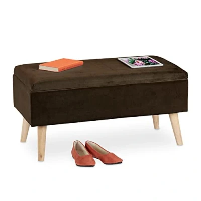 Image de Relaxdays Banc siège avec Espace de Rangement, Housse Velours, 40 l, rembourré, Pieds en Bois, entrée, 41x80x40c, Marron, 50% Panneau Fibres 30% 20%, 41x80x40 cm