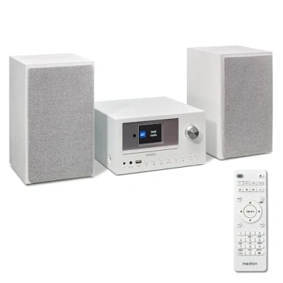Image de MEDION système Compact P85003 Micro Audio (Radio Internet, Dab+, Radio FM PLL, Bluetooth, Connexion USB, AUX, 2x150 W) Blanc