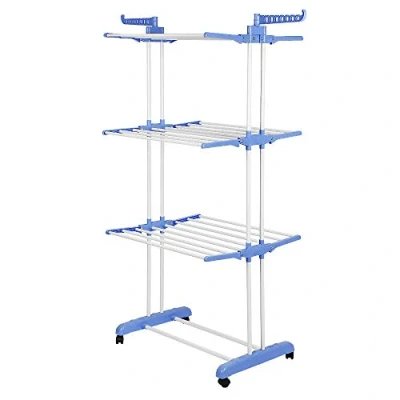 Image de Séchoir à linge vertical et extensible, 4 niveaux, avec roues, en acier inoxydable, parfait pour une utilisation extérieur sur un balcon ou intérieur, 75 x 64 170 cm, bleu/blanc