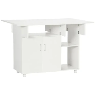 Image de HOMCOM Table de Salle à Manger Pliable, Pliante sur roulettes, avec 3 Compartiments, 1 Placard, étagère réglable, pour Petits espaces, Blanc