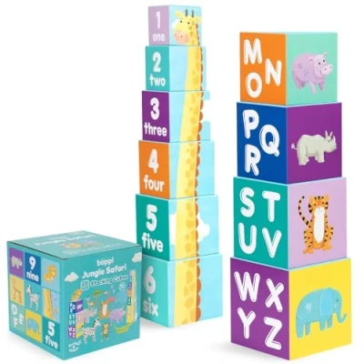 Image de boppi Blocs Empilables pour Enfants 10 avec Images, Chiffres, Lettres et Animaux de Safari la Jungle Jouet Montessori en Carton Écologique Âges 1 Plus