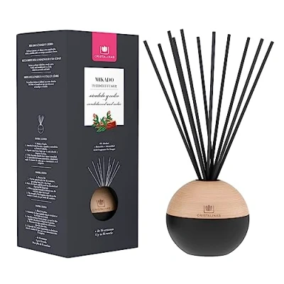 Image de CRISTALINAS Désodorisant de qualité supérieure, diffuseur roseaux, 0% a, refroidisseur, 180 ml, 16 semaines, bouteille ronde, sphère, bois santal et cèdre