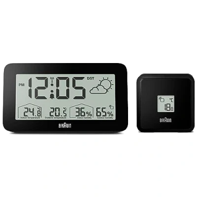 Image de Braun Station météo numérique radio pilotée Réveil pour l&#039;heure normale d&#039;Europe centrale (DCF) avec indicateurs de température et d&#039;humidité, prévisions, alarme Crescendo en noir, modèle BC13BP DCF.
