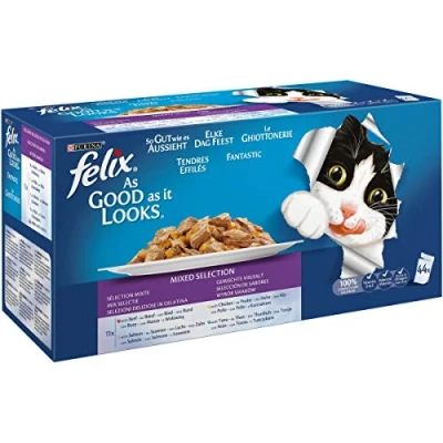 Image de Felix Ghiott Nourriture pour Chat en Multi Pack Sélection Mixte bœuf/Poulet/Saumon/Thon 44 portions de 100 g