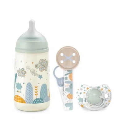 Image de Suavinex, Coffret Cadeau Nouveau Né SX Pro, pour Bébés 0 6 Mois. Contient un Biberon Débit Moyen (M) 270 ml + Sucette Pro en Silicone 0/6 Mois Attache avec Ruban. Bleu