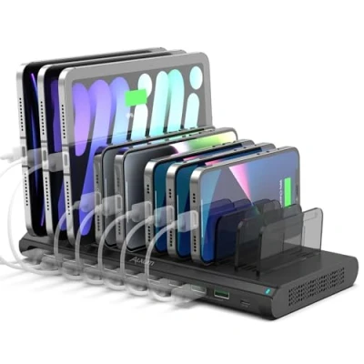 Image de Alxum 120W Station de Chargement USB Multi Mobile 10 Ports avec QC 3.0 Charge Rapide, téléphone Portable Type C Tablette Noir