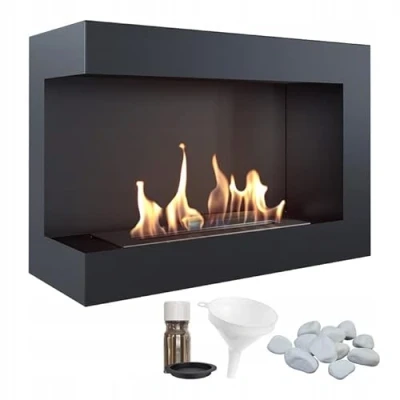 Image de KRATKI Delta 700 Cheminée d&#039;angle Gauche Bio Ethanol + Galets Entonnoir Set Aromathérapie Montage Mural ou Encastré l Récipient 0.75 l, TÜV Acier, 48 x 70 cm, Noir