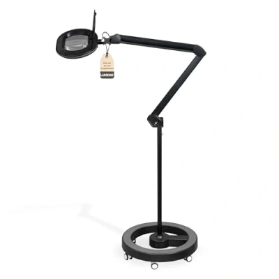 Image de Lumeno 8615SW Lampe loupe avec grande lentille ovale 110x150 mm, 60 LED à intensité variable sur 2 niveaux, parfaite comme aide la lecture, pour cosmétique, 5 dioptries noir trépied roulant