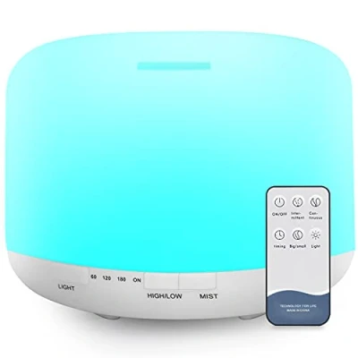 Image de Diffuseur d&#039;huiles essentielles de 500 ml, sans BPA, humidificateur à ultrasons avec télécommande et 7 lumières changeantes différentes, arrêt automatique eau, blanc