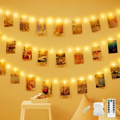 Image de CNMTCCO Guirlande lumineuse à 100 LED avec pinces photo, 10 m, alimentée par piles 50 clips suspendre, télécommande, 8 modes, pour chambre coucher, fête de mariage, anniversaire,