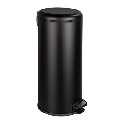 Image de WENKO poubelle de cuisine à pédale Leman Anti trace 30 litres Fermeture douce Pour cuisine, bureau, support sacs intégré Hygiènqiue Inox 30,5x64x37,5cm Noir brillant,