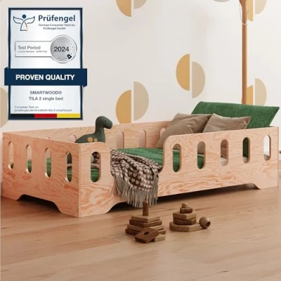 Image de smartwood lit Enfant 70x140 TILA 2L avec sommier à Lattes Meubles de Chambre d&#039;enfant en Bois barriere différentes Variantes Naturel 140x70 Simple