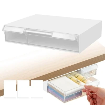 Image de Tiroir Sous Bureau,Tiroir Meuble,Rangement Suspendu Autocollant,Caché Rangement Bureau Tiroir,Tiroir Transparent à 2 Compartiments pour Bureau, Coiffeuse, Séjour