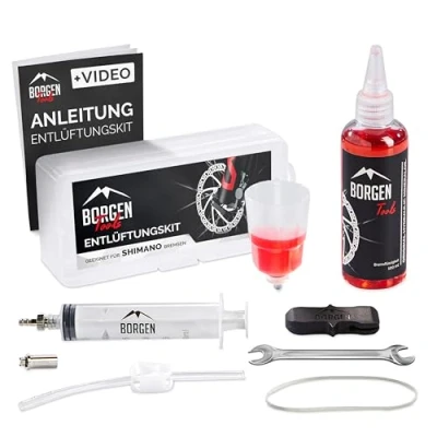 Image de Borgen Kit de purge pour freins à disque Shimano Avec instructions (français non garanti) Deore, Dura Ace, Saint, XT etc. huile minérale hydrauliques