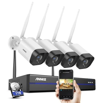 Image de ANNKE 3MP Kit de Surveillance sans Fil WiFi 8CH 5MP NVR avec 1 to Disque Dur, 4 Caméras IP, 30 m IR Vision Nocturne, Enregistrement Audio pour l&#039;Extérieur