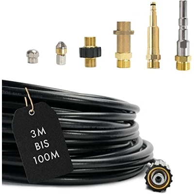 Image de Tuyau de nettoyage professionnel pour Kärcher Kränzle NILFISK ALTO WAP HD HDS connexion 1/8&quot; AG : M22 x 1.5 IG, adaptateur à baïonnette, KEW, 2 buses, Quick Connect 8m
