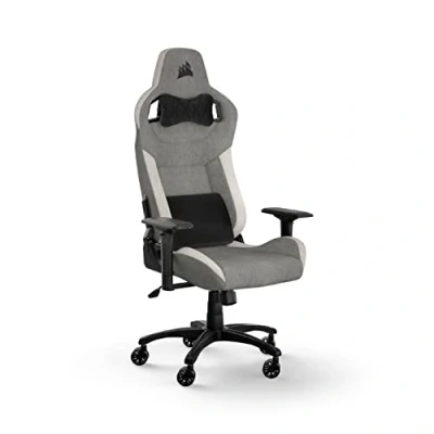 Image de Corsair T3 RUSH Fabric (2023) Fauteuil Gaming Inspiré des Sports Automobiles Revêtement en Tissu Doux Coussin Détachable pour La Nuque et Support Lombaire à Mémoire de Forme Gris Blanc