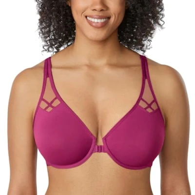 Image de DELIMIRA Femme Soutien Gorge Fermeture Devant Invisible Grande Taille avec Armature Decollete Plongeant Dos Nageur Magenta Pourpre 100C