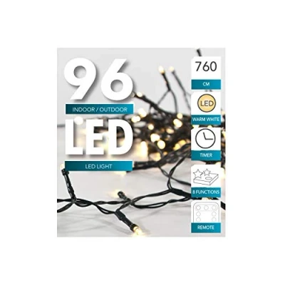 Image de HiT Guirlande lumineuse à LED (24/48/96), fonctionne sur piles, avec minuteur et télécommande, câble vert, pour intérieur extérieur, Blanc chaud/froid 96er + Fernbedienung