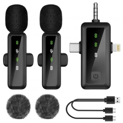 Image de 2 Pack Micro Cravate sans Fil 3 en 1 pour Téléphone Ordinateur Caméras, Wireless Lavalier Microphone Mini Fil, avec Deux Têtes Câble, Réduction du Bruit, Plug Play Vlog Interview Vidéo