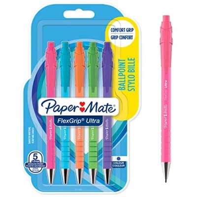 Image de Paper Mate Flexgrip Ultra stylo bille rétractable, pointe moyenne (1,0 mm), encre bleue, couleurs vives, lot de 5