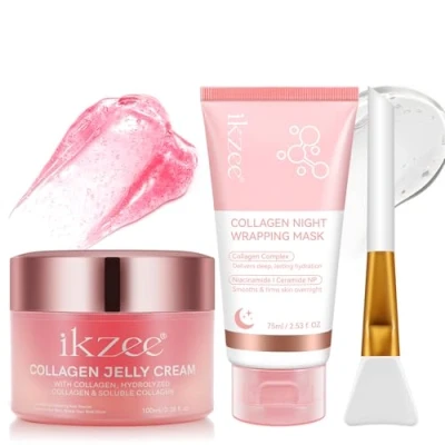 Image de Collagen Night Mask, Masque de Nuit au Collagène et Crème à la gelée Élasticité Hydratation, Réduit Les Ridules Le Teint Terne, Anti âge Rajeunissant