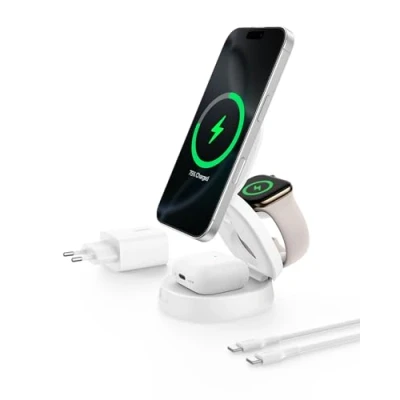 Image de Belkin Station de Charge 3 en 1 Pliable (Compatible MagSafe, certifié Qi2, 15 W, pour iPhone 16, Apple Watch, AirPods, Base antidérapante, Adaptateur Secteur 36 W Inclus, Blanc)