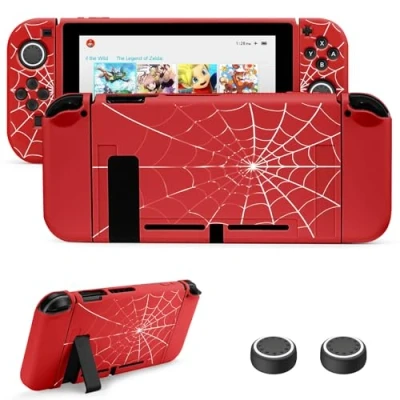 Image de JINGDU coque de protection compatible avec Nintendo Switch 2017, en TPU accessoire pour console et Grip Joy Con, protecteur commutateur 4 poignées pouce, toile d&#039;araignée rouge