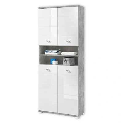 Image de Stella Trading POOL Armoire haute de salle bains aspect béton, blanc moderne avec beaucoup d&#039;espace rangement 76 x 190 31 cm (L/H/P)
