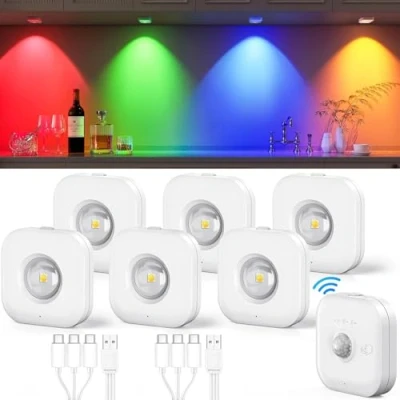 Image de Coovee Éclairage d&#039;armoire LED RVB rechargeable, 5 températures de couleur, avec télécommande, 2 modes dynamiques, intensité magnétique, sans fil, éclairage vitrine indirect