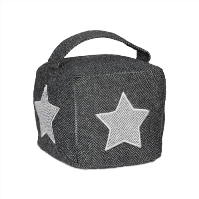 Image de Relaxdays Butoir de Porte avec Anse, Motifs étoile, pour Le Sol, cale décoratif, 18x15x15 cm, Tissu, Gris/Blanc